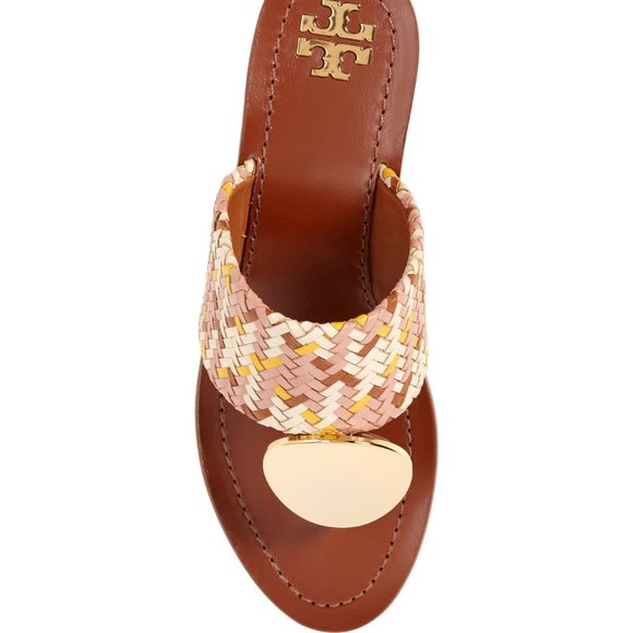 Tory Burch PATOS DISK MID-HEEL SANDAL Woven Neutral Pink Gold Accent Details - Picture 8 of 14